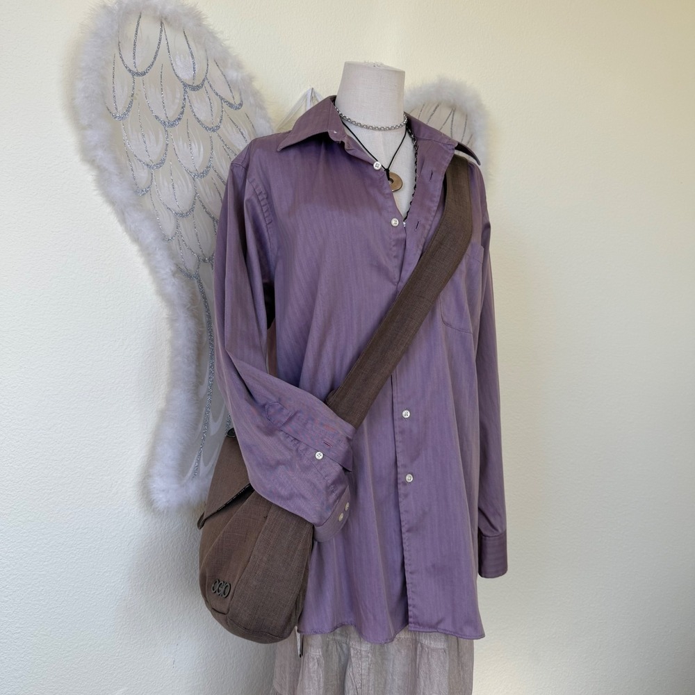 Retro Indie Grunge Herringbone Button Up Shirt Long Sleeve Ecclectic Funky Mauve - Picture 5 of 7